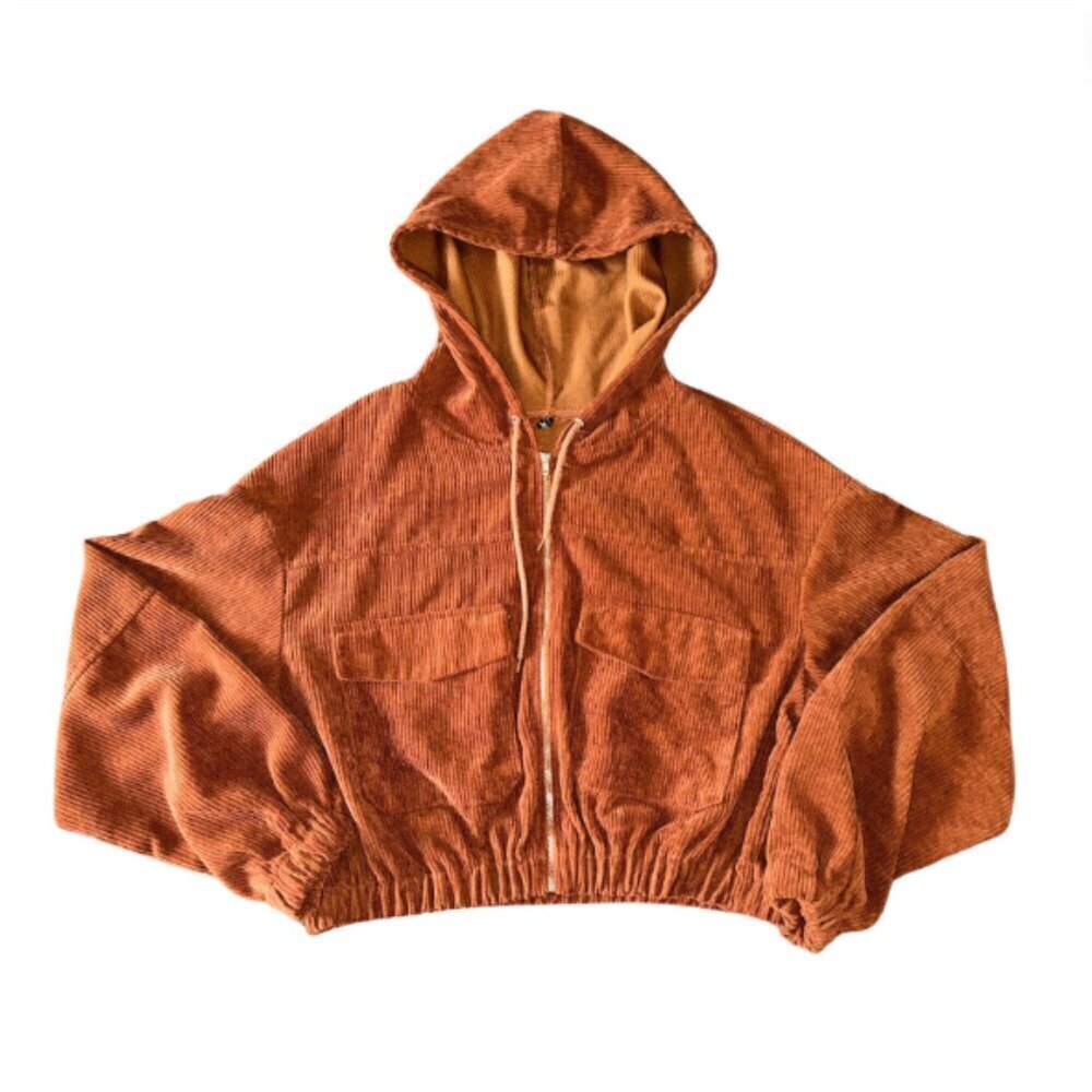 Zaful Brown Ribbed Cropped Hoodie Women's Large Corduroy Jacket